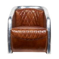 Strong aviator armchair with aluminium back and top grain ox leather cushion