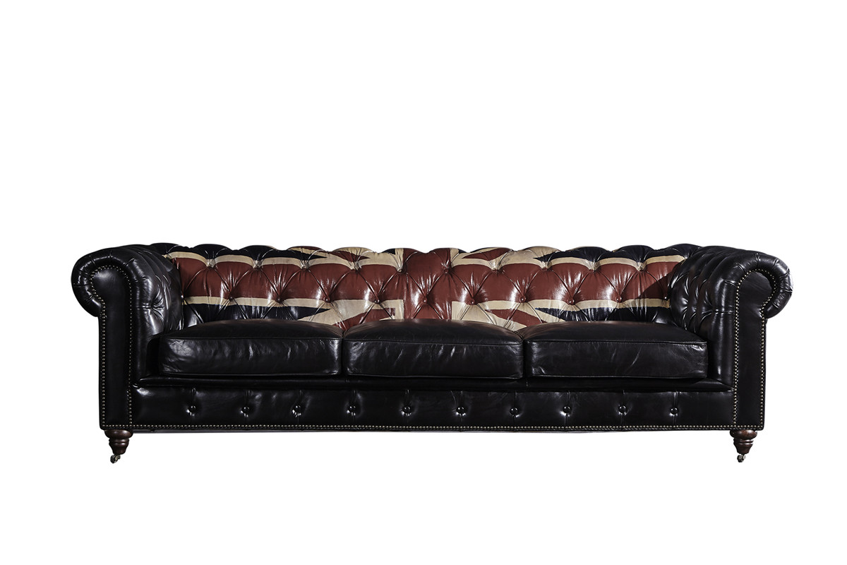 Vintage Black Three Seater Chesterfield Leather Sofa With Union Jack On the Back