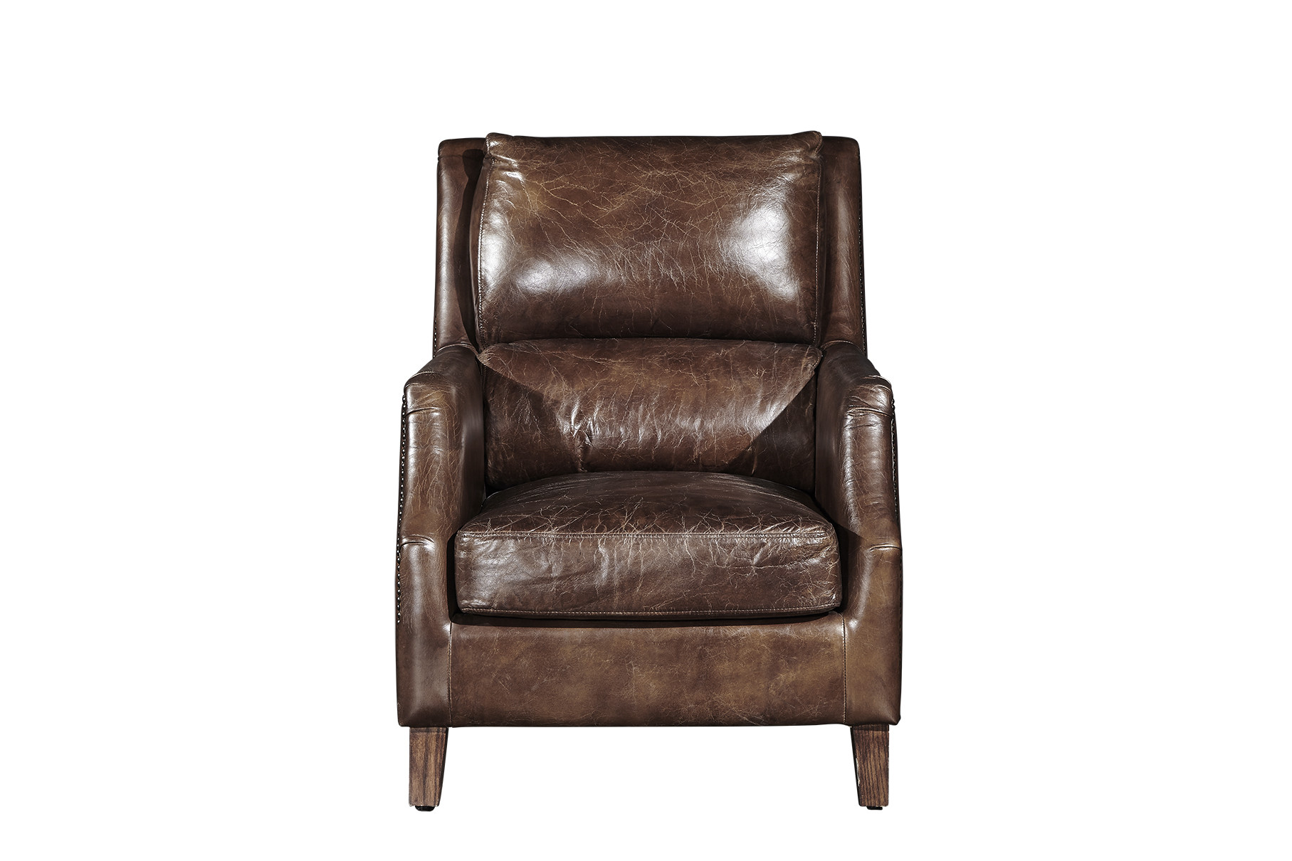 Industrial Retro Vintage Cigar High Back Leather Armchair With Solid Wood Legs