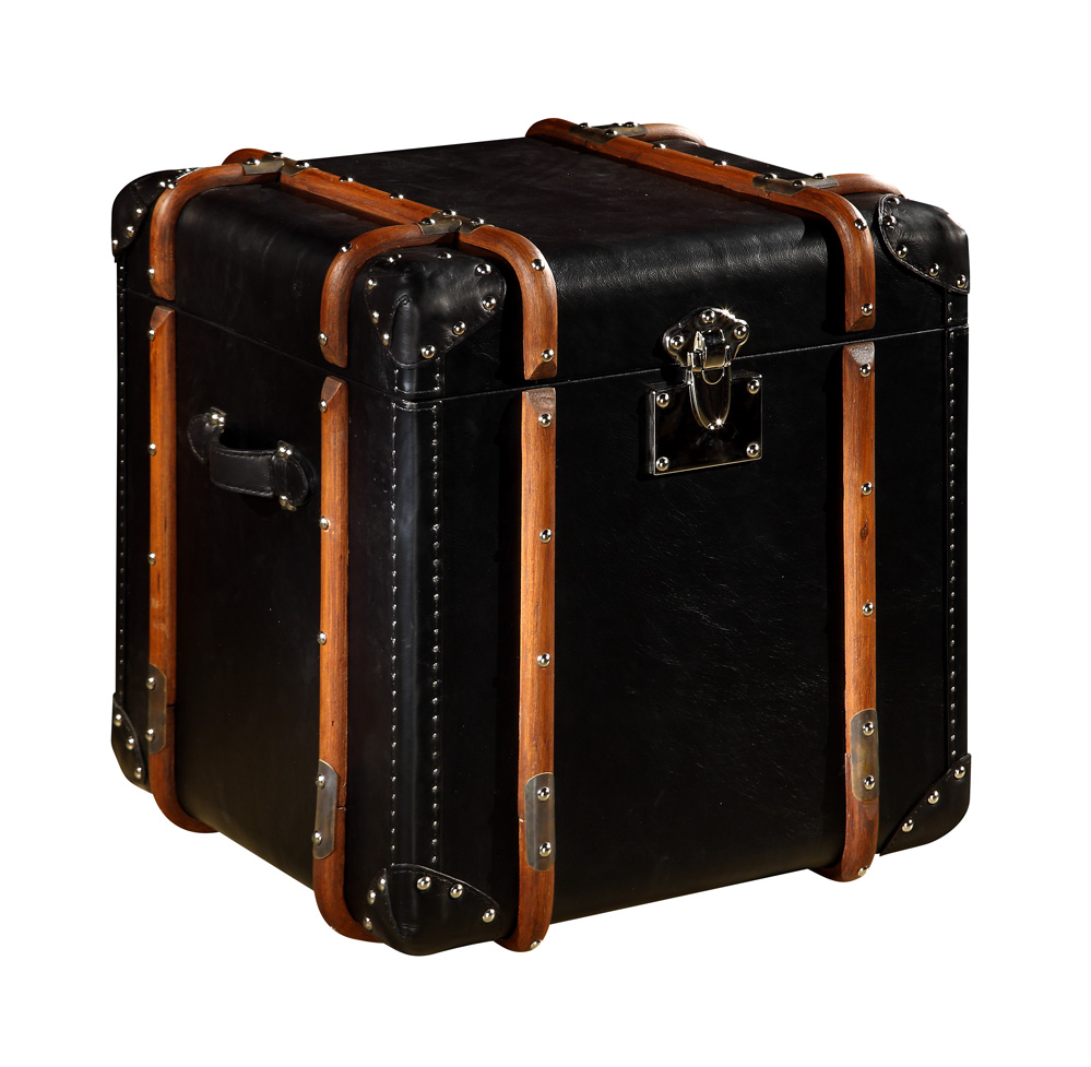 Antique Style Black Full Genuine Leather Storage Trunk Lifted Cover With Solid Wood Bar And Copper Nails