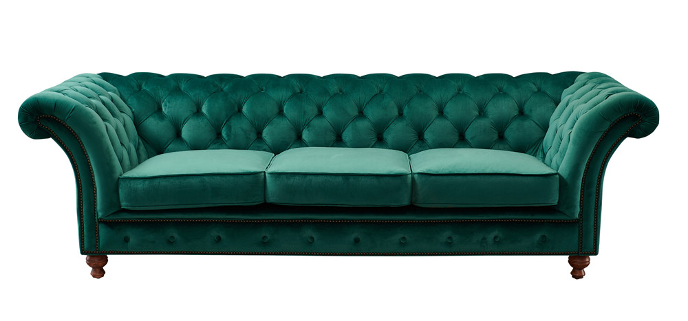 American Style Velvet Fabric Mallard Color Chesterfield Sofa With Big Rolled Armrest